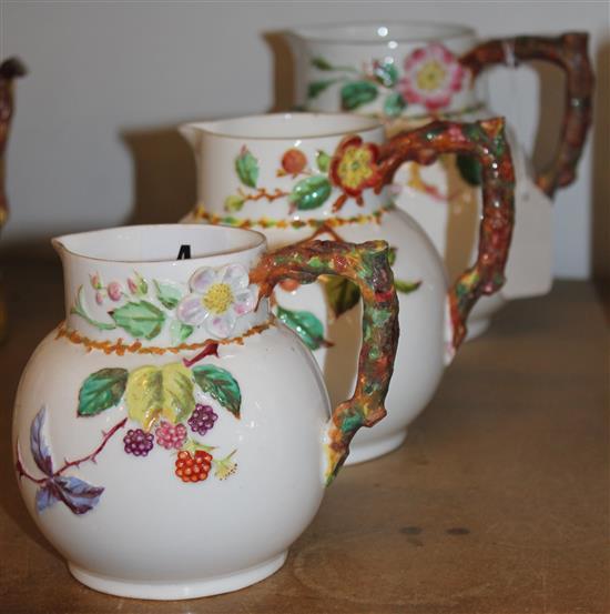 Set of three Victorian graduated jugs, applied briar roses, brambles & butterflies